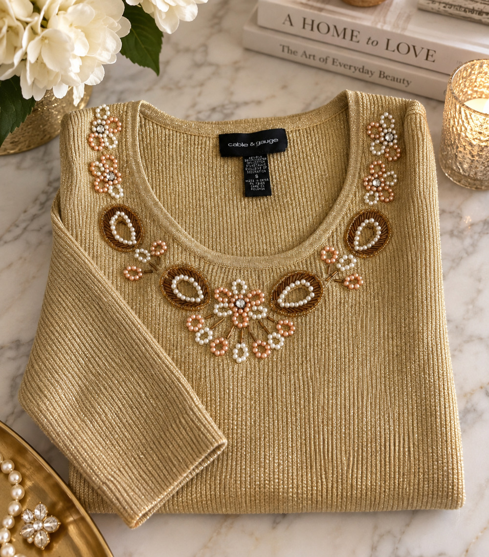 Cable & Gauge Gold Metallic Beaded Sweater Womens S 3/4 Sleeve Pearl Floral
